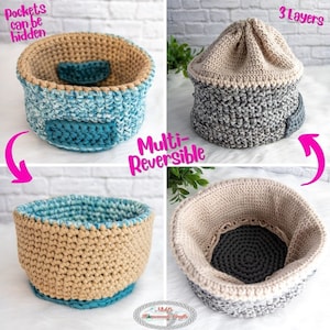 Multi-Reversible BASKET CROCHET PATTERN Crochet Basket with Pockets Crochet Basket with Drawstring image 1
