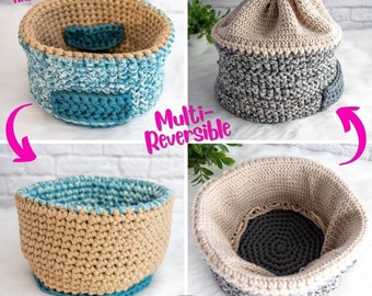 Multi-Reversible BASKET CROCHET PATTERN | Crochet Basket with Pockets | Crochet Basket with Drawstring