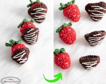 CROCHET Chocolate Covered STRAWBERRIES PATTERN with Removable Chocolate Shells in 3 Sizes + Video Tutorial