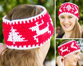 Christmas Mosaic Crochet Ear Warmer Pattern | Crochet Headband Pattern | Crochet Head Warmer | Crochet Earwarmers | Mosaic Crochet Pattern