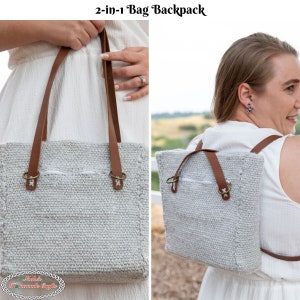Puede incluir: Un bolso tote de crochet gris con correas de cuero marrón y herrajes metálicos. El bolso se puede llevar como mochila o bolso de hombro. El bolso se muestra siendo usado por una persona de dos maneras diferentes.
