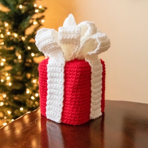 CROCHET GIFT Tissue Box Cover PATTERN for Christmas or Birthdays * Red and White Present with Ribbon and Bow