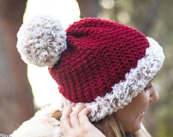 TESTE PADRÃO DE CROCHÉ do chapéu de Papai Noel | Chapéu Pom Pom | Chapéu de crochê para mulheres | Padrão de chapéu de inverno
