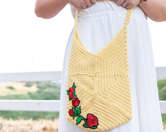 CROCHET HEXAGON TOTE Bag | Hexagon Crochet Pattern | Crochet Bag Pattern | Hexagon Granny Square Pattern | Gifts for Her with Iron-on Rose