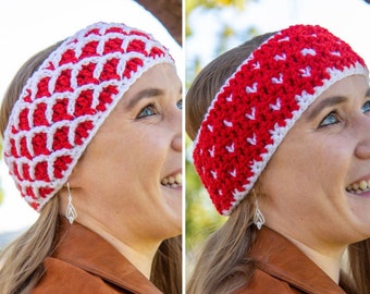 Reversible Diamond Heart Crochet Ear Warmers Pattern | Crochet Earwarmer Pattern | Crochet Headband | Crochet Headband Earwarmer