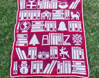 Christmas Bookshelf BLANKET Mosaic CROCHET PATTERN | Crochet Blanket Pattern | Monthly Blanket Crochet Pattern | Mosaic Crochet Pattern