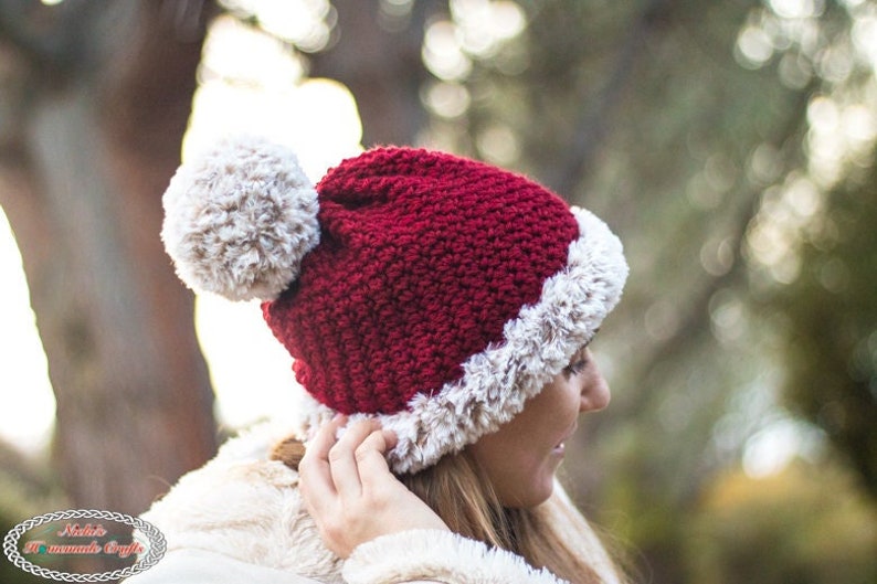 Santa Hat CROCHET PATTERN Pom Pom Hat Crochet Hat For Women Winter Hat Pattern image 1