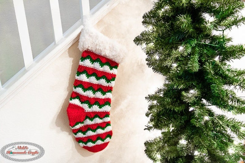 Wave Chevron STOCKING CROCHET PATTERN with Faux Fur Cuff for Christmas and the Holiday Season image 1