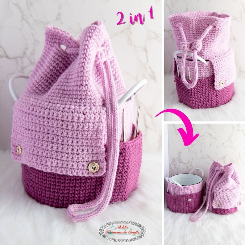 Puede incluir: Una bolsa de cord&oacute;n de crochet rosa y morado dos en uno con un bolsillo para guardar agujas de tejer. La bolsa se puede usar como contenedor de almacenamiento o como bolsa de mano. La bolsa tiene una etiqueta de 2 en 1.