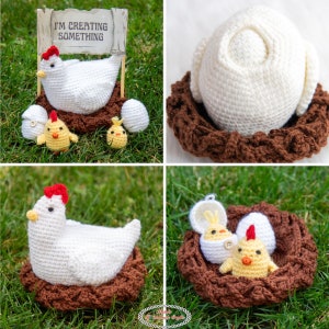 May include: A white crocheted hen with red comb and wattle sits on a brown crocheted nest. Two yellow crocheted chicks are in nests, one with an open white egg and the other with a closed white egg. A sign above the hen reads "I'm creating something."