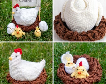 PDF CROCHET 6-in-1 Mommy Chicken, 2 Baby Chicks, 2 Eggs, and Nest Pattern for Spring and Easter| With 3 LIVE Video Tutorials for Support