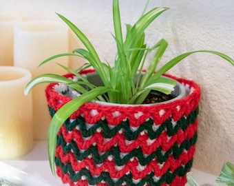 CROCHET Plant Holder PATTERN | Potted Plant Cover | Arrow Stitch Flower Pot Cozy | Christmas Holiday Gift Present | Digital PDF Pattern