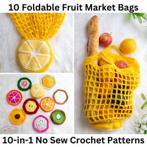 May include: 10-in-1 No Sew Crochet Patterns for making foldable fruit market bags. The patterns include a variety of fruit designs, such as lemons, oranges, and kiwis. The bags are made with yellow yarn and are perfect for carrying groceries or produce.