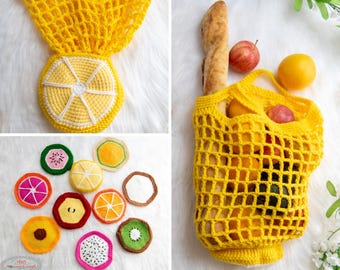 10-in-1 No Sew Foldable FRUIT CROCHET Market Bag PATTERNS - Apple, Kiwi, Lemon, Orange, Dragonfruit, Watermelon, Peach, Coconut, Cantaloupe
