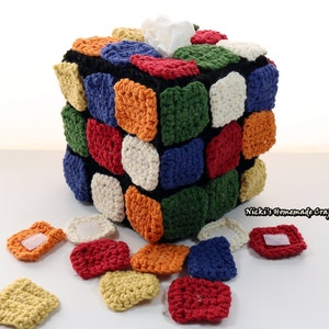 PATTERN Rubik's Cube Tissue Box with rearrangable colored square tiles crochet image 2