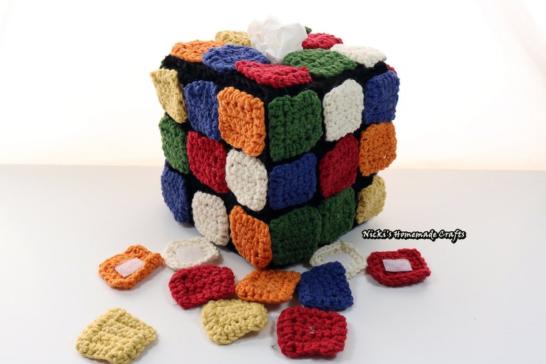 PATTERN Rubik's Cube Tissue Box with rearrangable colored square tiles crochet image 2