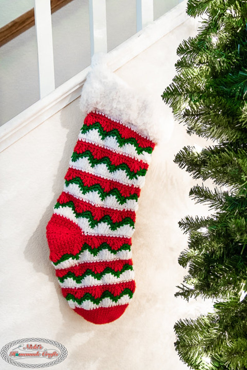 Wave Chevron STOCKING CROCHET PATTERN with Faux Fur Cuff for Christmas and the Holiday Season image 5