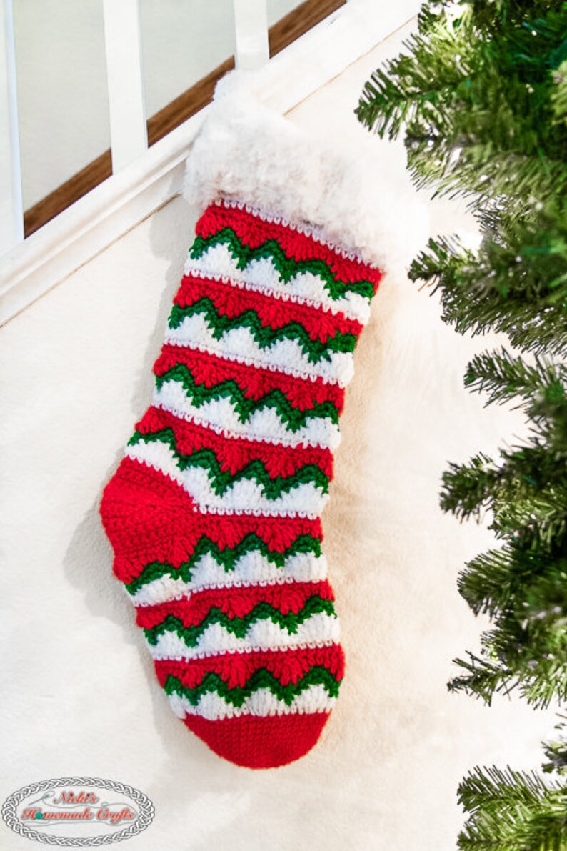 Wave Chevron STOCKING CROCHET PATTERN with Faux Fur Cuff for Christmas and the Holiday Season image 7