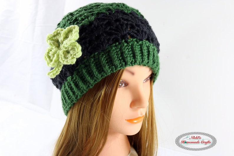 PATTERN St. Patrick's Beanie crochet shamrock clover irish fan stitch image 1