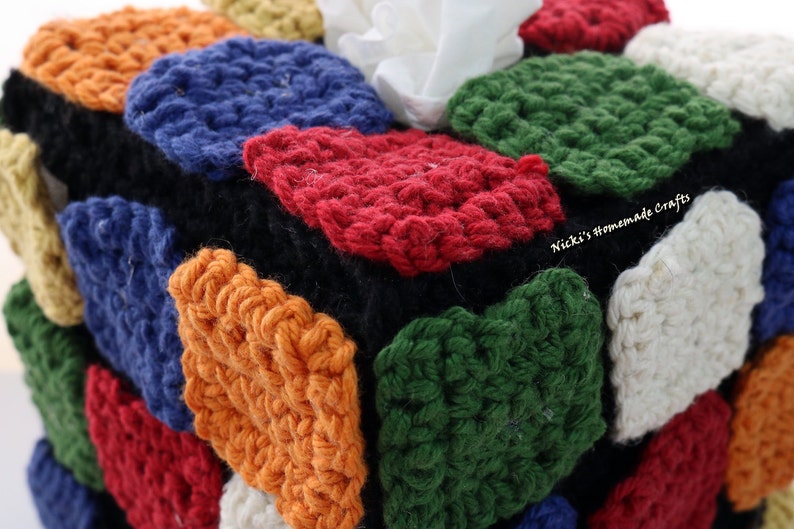 PATTERN Rubik's Cube Tissue Box with rearrangable colored square tiles crochet image 4