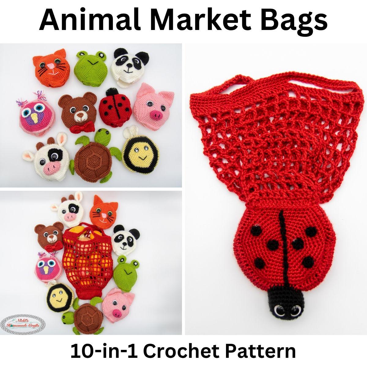 10-in-1 Foldable ANIMAL CROCHET Market Bag PATTERNS - Bee, Turtle