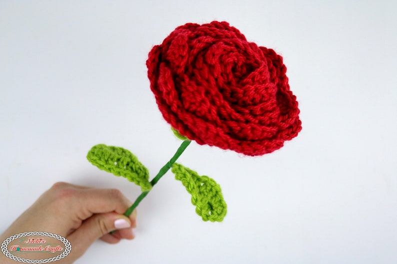 Crochet Pattern: ROSE with Wired Stem and Leaves Love, Valentine's Day, Flower, Heart, Wedding, Birthday image 6