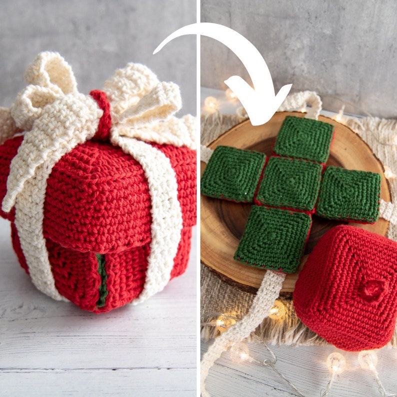 May include: A crocheted Christmas gift box in red and white with a green bow. The box is made of individual squares that can be assembled to create the gift box shape.