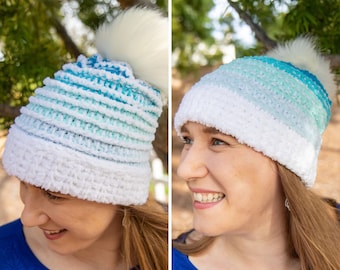 TUNISIAN CROCHET HAT Pattern | Crochet Reversible Hat | Striped Crochet Hat | Crochet Pom Pom Hat | Reversible Crochet Pattern