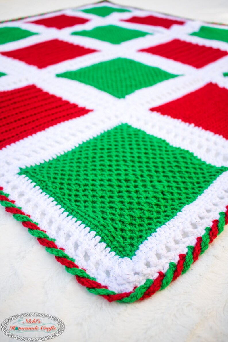 Crochet Pattern: Holiday Square Blanket Normal & Tunisian Crochet Fused with Candy Cane Border image 3