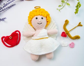 CROCHET CUPID Pattern | 4-in-1 PDF Pattern | Love Cupid | Cupid Bow and Arrow with Heart Backpack filled with Tiny Hearts