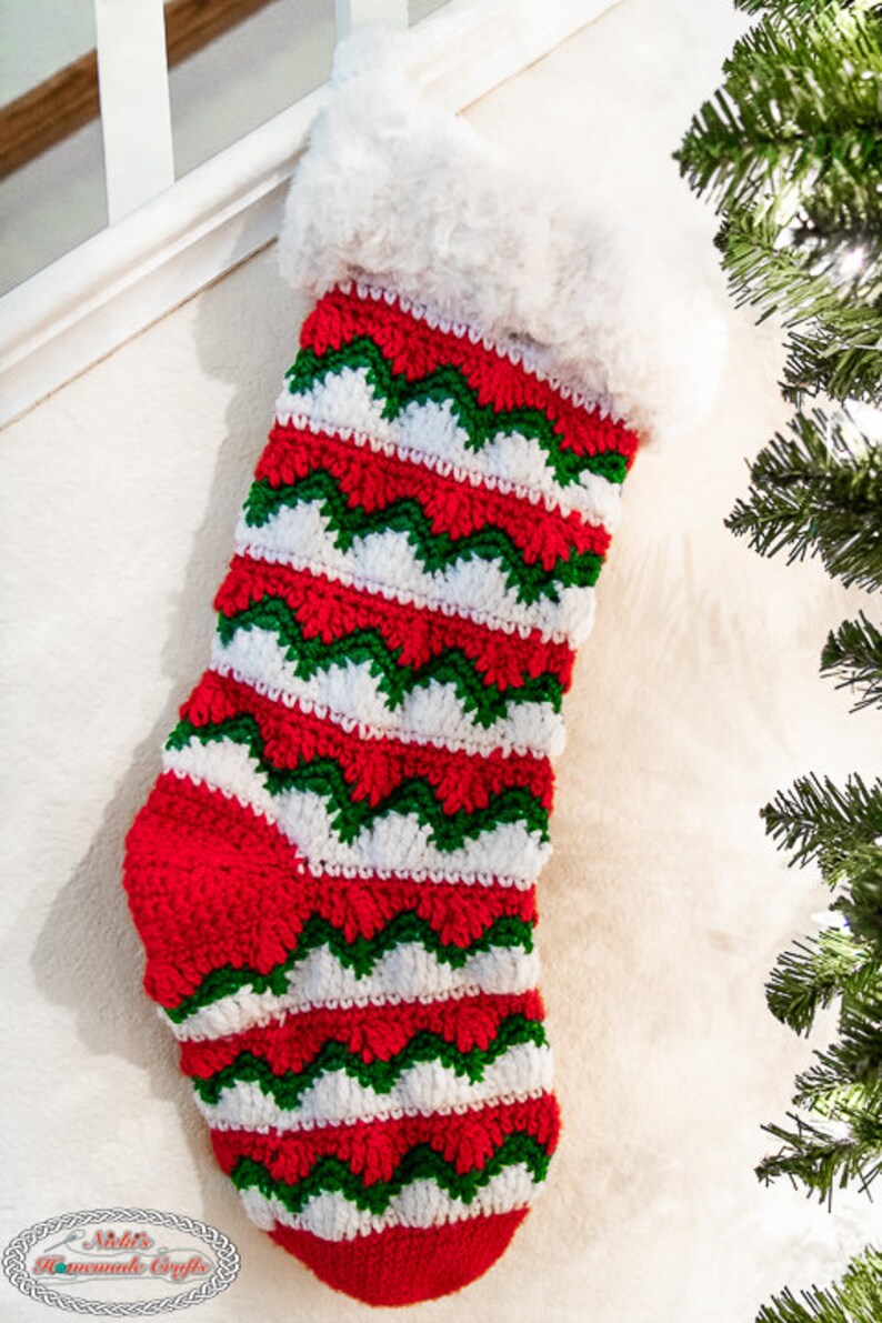 Wave Chevron STOCKING CROCHET PATTERN with Faux Fur Cuff for Christmas and the Holiday Season image 6