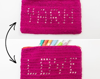 CROCHET PATTERN PDF - Filet Crochet Zipper Pouch – Handmade “Love Yarn” Bag for Hooks, Notions, Pens – Gift for Crocheters & Yarn Lovers