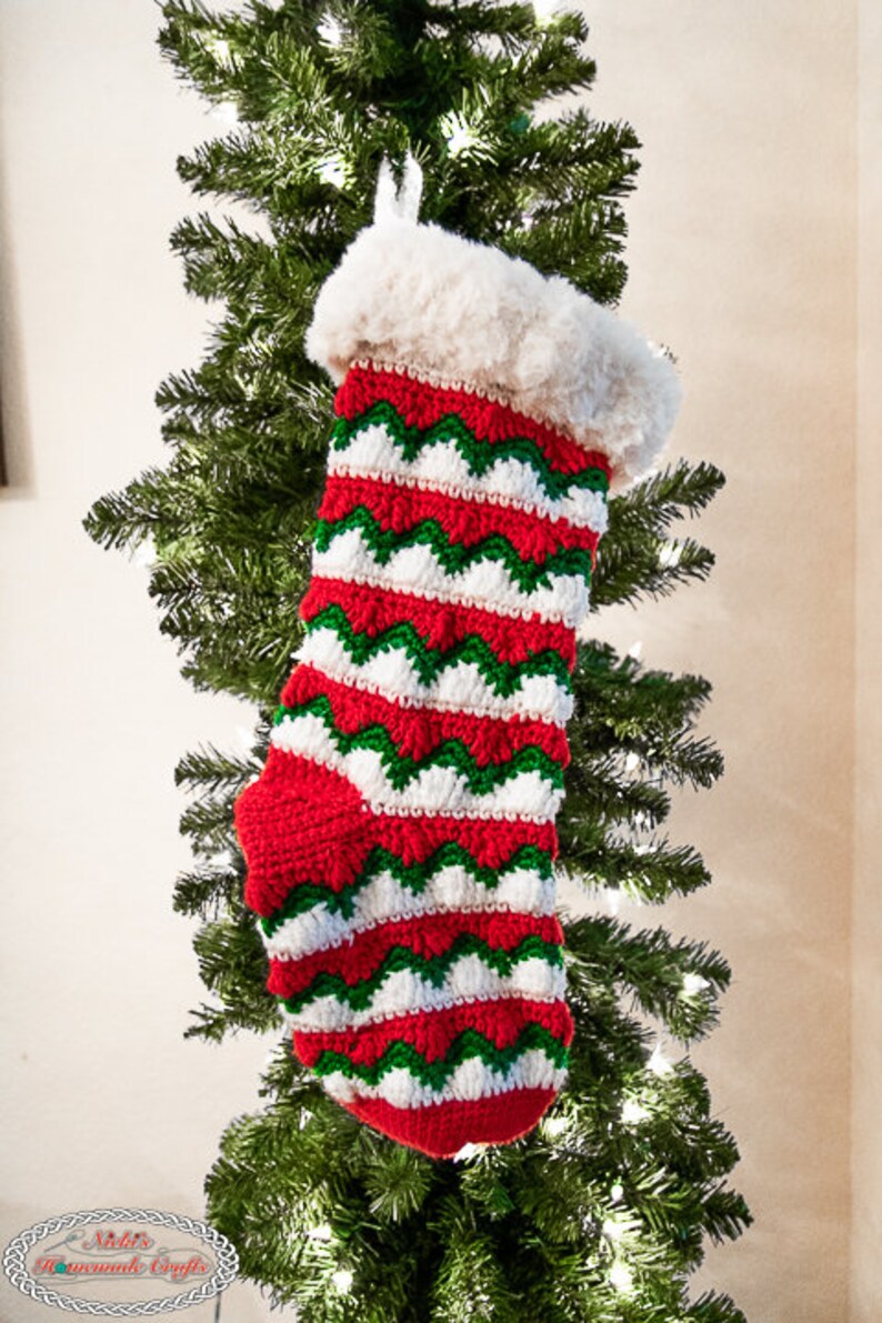 Wave Chevron STOCKING CROCHET PATTERN with Faux Fur Cuff for Christmas and the Holiday Season image 4