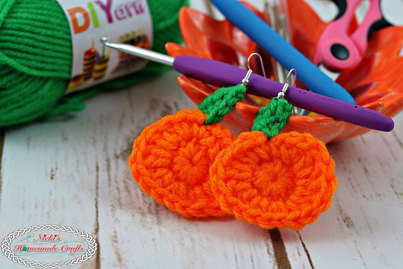 CROCHET PATTERN: Mini Pumpkin Earrings Halloween adult teen decoration diy video tutorial image 5