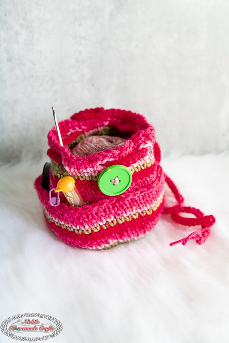 Yarn Bag CROCHET PATTERN Yarn Ball Cozy with lots of Pockets outside and inside 3 Ways to use the Yarn Bag handle image 8