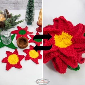 May include: Red, green and yellow crocheted poinsettia coasters. The coasters are shaped like a star and can be used as a decorative element or to protect surfaces from heat.