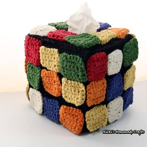 PATTERN Rubik's Cube Tissue Box with rearrangable colored square tiles crochet image 1