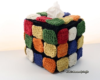 PATRÓN Caja de pañuelos Cubo de Rubik con azulejos cuadrados de colores reorganizables * crochet