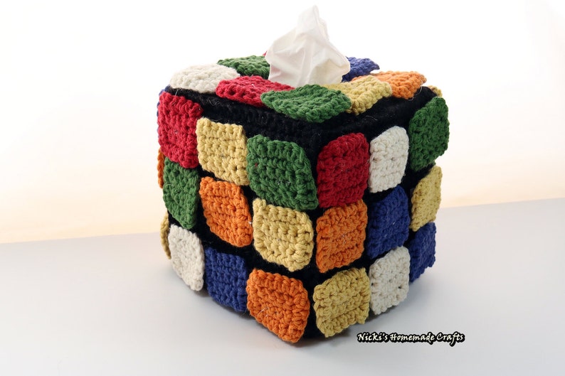 PATTERN Rubik's Cube Tissue Box with rearrangable colored square tiles crochet image 1