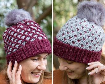 Padrão de chapéu reversível em crochê | Chapéu de coração de crochê | Chapéu de diamante de crochê | Chapéu Pom Pom de crochê | Padrão de crochê reversível