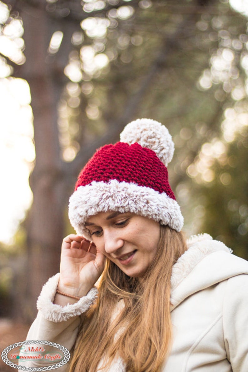 Santa Hat CROCHET PATTERN Pom Pom Hat Crochet Hat For Women Winter Hat Pattern image 2