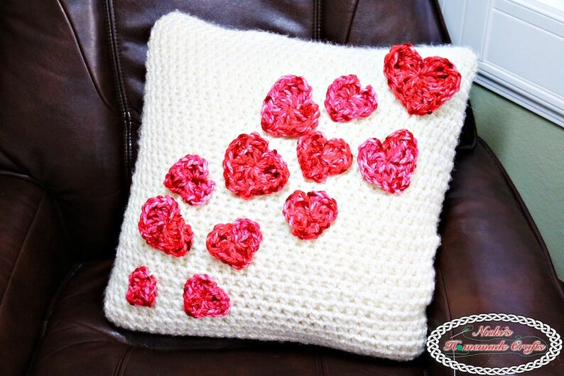 Pillow Cover CROCHET PATTERN Throw Pillow Pattern Crochet Heart Pattern Pillow Case with Flying Hearts image 1