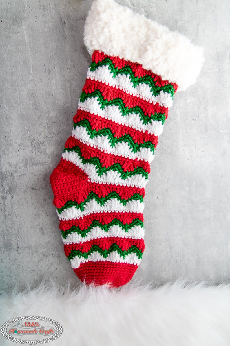 Wave Chevron STOCKING CROCHET PATTERN with Faux Fur Cuff for Christmas and the Holiday Season image 3