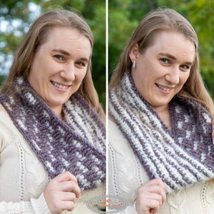May include: A woman wearing a white sweater and a purple and white crocheted infinity scarf. The scarf has a textured pattern and is worn around the neck.