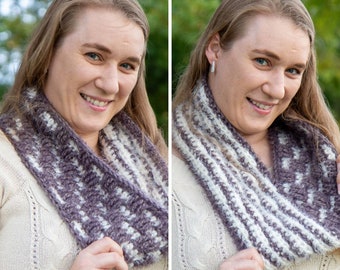 Reversible CROCHET COWL PATTERN with Bricks and Stripes and Fluffy Faux Fur Yarn | Reversible Infinity Scarf