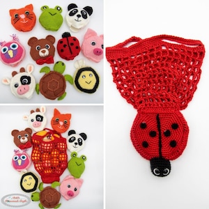 May include: A collection of colorful, crocheted animal faces, including a cat, frog, panda, owl, bear, ladybug, pig, cow, turtle, and bee. A red crocheted ladybug-shaped bag is also shown, with a net-like body and a ladybug head.
