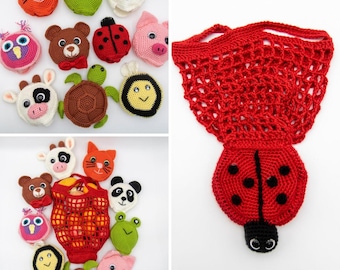 10-in-1 Foldable ANIMAL CROCHET Market Bag PATTERNS - Bee, Turtle, Pig, Bear, Owl, Panda Bear, Cat, Ladybug, Frog, Cow