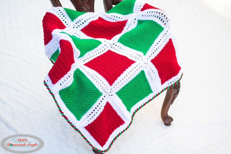 Crochet Pattern: Holiday Square Blanket Normal & Tunisian Crochet Fused with Candy Cane Border image 2