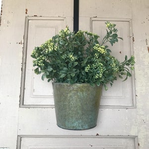 May include: A green metal bucket with a leafy green plant hanging from a black hook on a white door.