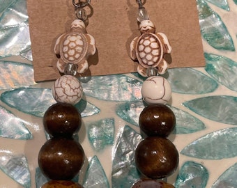 Turtle Bead Dangle Earrings, Tropical Coastal Jewelry